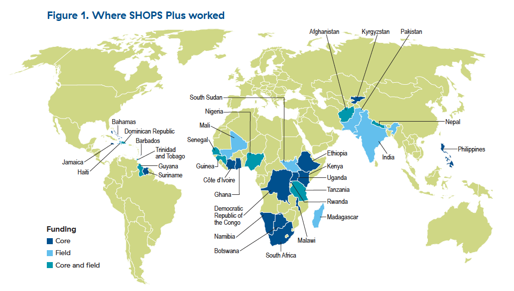 Map of the world showing where the SHOPS Plus project worked