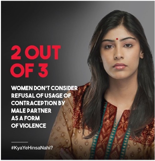 Ad showing a young woman that reads, 2 out of 3 women don't consider refusal of usage of contraception by a male partner as a form of violence