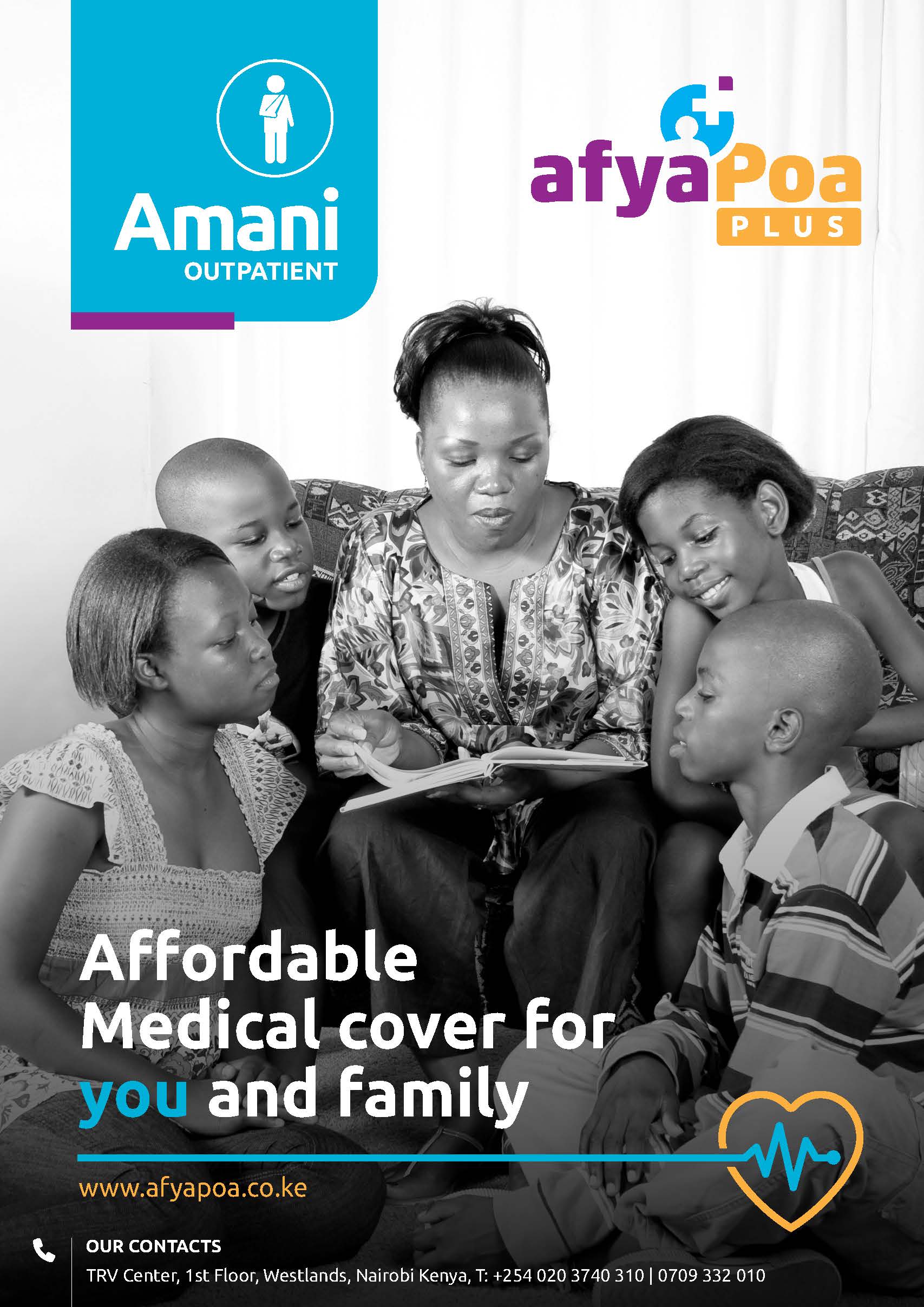 AFYA Koa graphic with a family and a title that reads, Affordable Medical cover for you and family