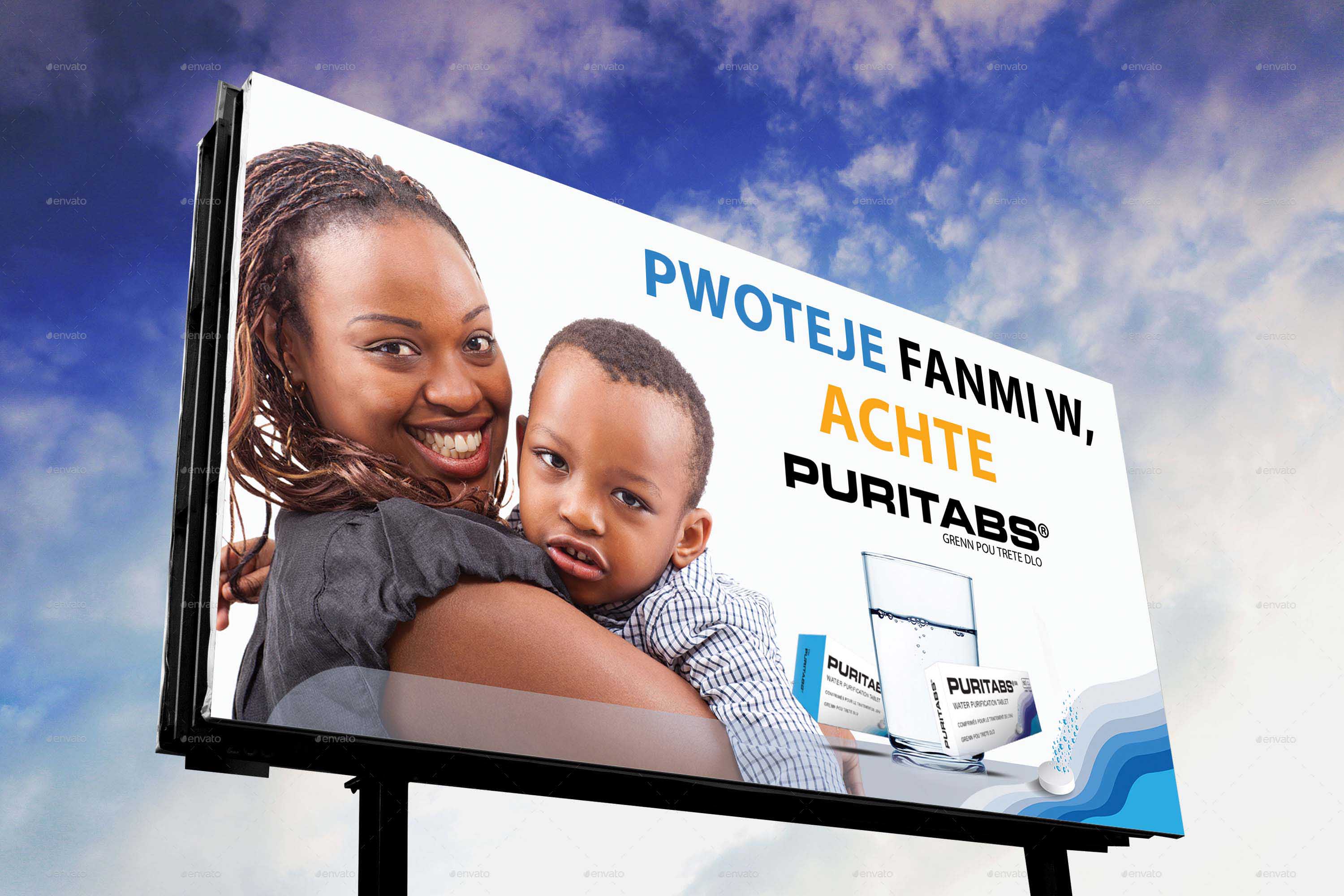 Billboard with Puritabs logo and woman and child with clean water in a glass next to them. 