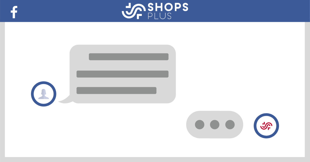 Simplified graphic of a Facebook chat window with SHOPS Plus logo up top