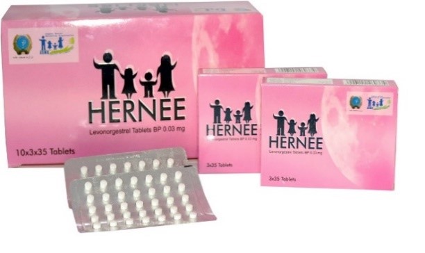 Image of a pink product box for the Hernee progestin-only pills