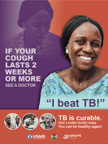 Image of a poster with a women smiling and a caption that reads, "I beat TB'. 