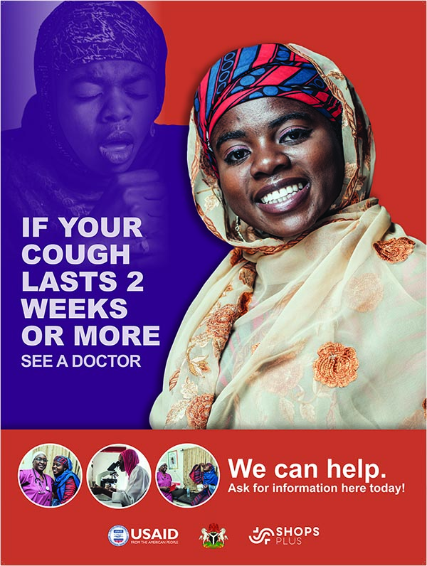 Poster with information about TB that is used in networked facilities. It shows a woman coughing and also smiling and says if your cough lasts more than two weeks, see a doctor. 