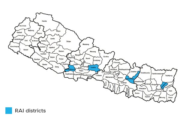 Map of Nepal highlighting RAI districts