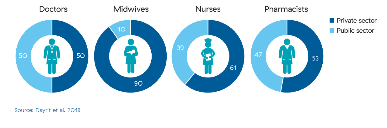 Chart showing distribution of health workforce across the public and private health sectors