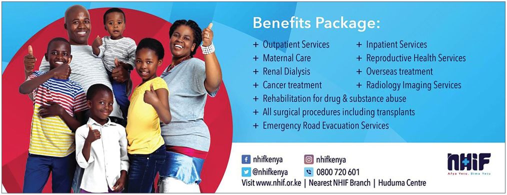 Graphic showing a young family and NHIF Supa Cover benefits 