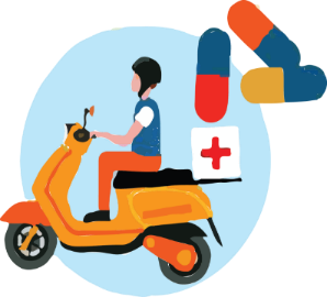 Illustration of a man on a scooter with a box with the medical cross on the back