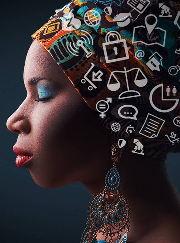 Profile of a woman with knowledge sharing icons above her head