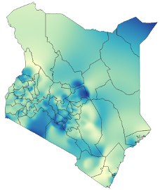Map of Kenya showing the small area estimate of Family planning usage