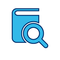 Icon of a book with a magnifying glass, representing research/evaluation