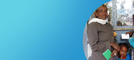 A light blue banner with a photo on the right showing three generations of women
