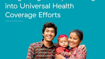 Cover of the brief: Picture of Nepalese mother, father and baby with name of the brief on the top - Integrating Family Planning into Universal Health Coverage Efforts.