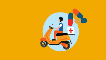 Graphic of a man on a scooter with medical bag