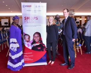 Dr. Isseu Diop Touré, SHOPS Plus Chief of Party, Laura Campbell of USAID, and John Bernon of USAID attend USAID’s launch of 2016-2021 Integrated Health Program in Senegal