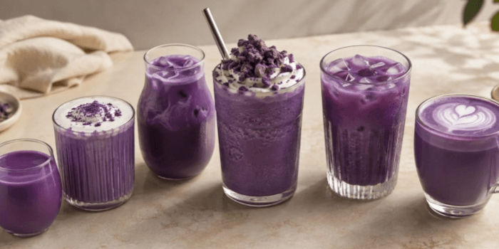 Gläser gefüllt mit Ube Latte Ube Pulver kaufen